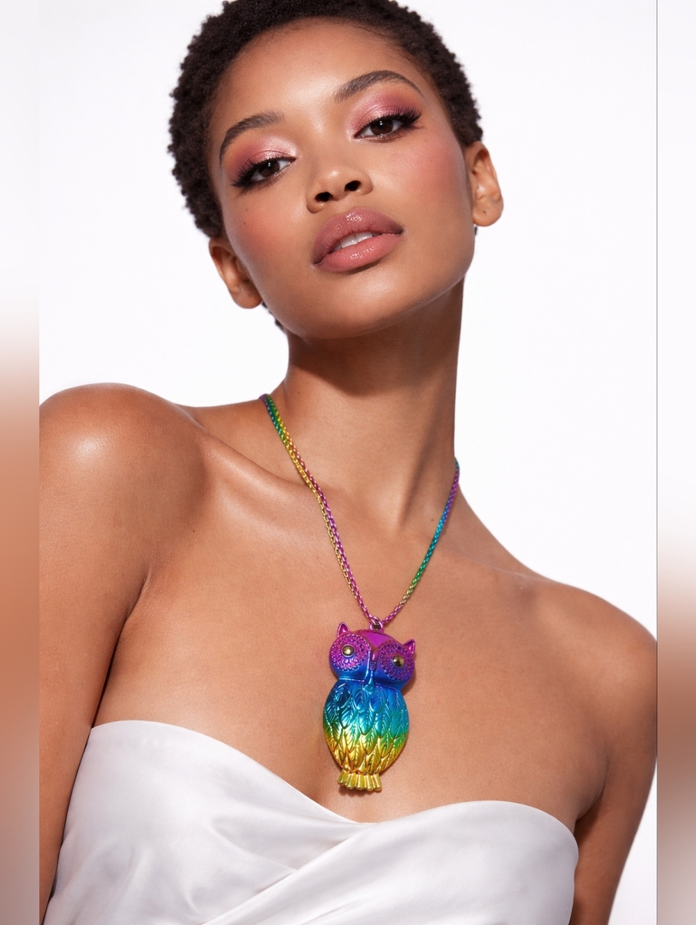 Rainbow Owl Statement Pendant Necklace